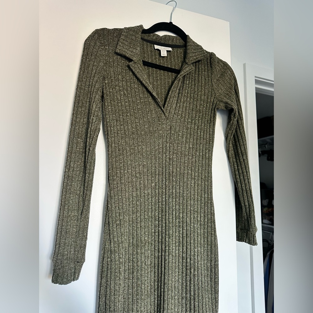 Topshop Dark Green Ribbed Knit Midi Dress